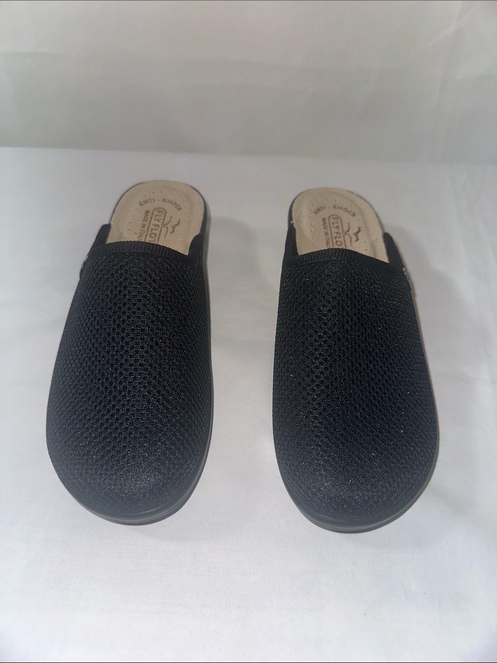 Fly Flot Black Mesh Clogs Mules Made in Italy Anti-Shock Size 38 / 7.5